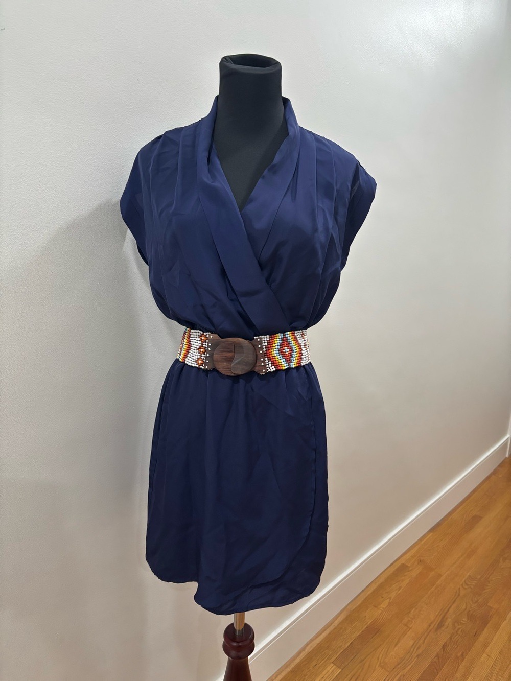 211. Navy Wrap-Style Sleeveless Dress with elastic waist